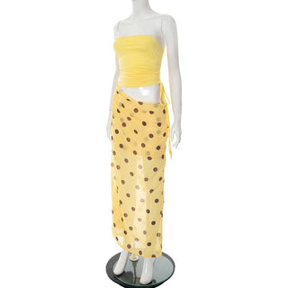 Polka dot hollow out drawstring ruched tube cut out maxi dress