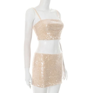Glitter square neck backless cami mini skirt set
