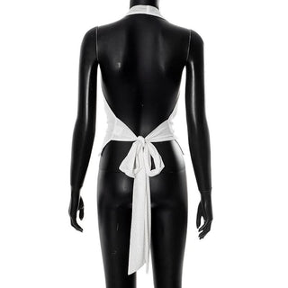 Cowl neck halter self tie mesh beaded top