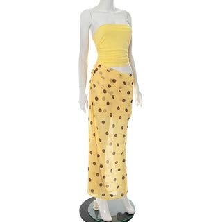 Polka dot hollow out drawstring ruched tube cut out maxi dress