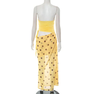 Polka dot hollow out drawstring ruched tube cut out maxi dress
