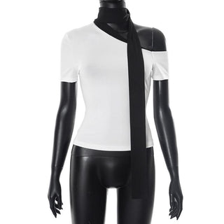 Short sleeve irregular one shoulder self tie top