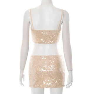 Glitter square neck backless cami mini skirt set