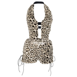 Leopard print halter fluffy lace up pant set