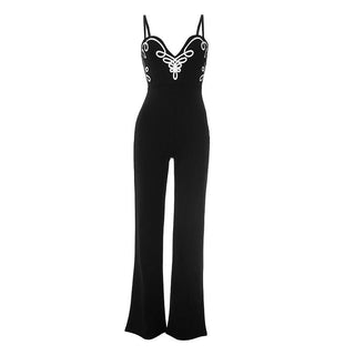 V neck print zip-up backless cami jumpsuit