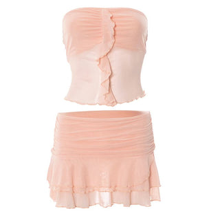 Ruffle mesh ruched tube mini skirt set