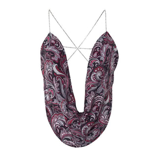 Metal chain cross back cowl neck print top