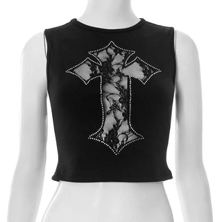 Beaded crewneck sleeveless cross lace top