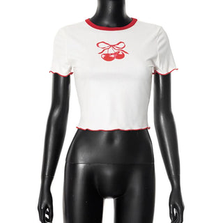 Crewneck short sleeve cherry pattern ruffle top