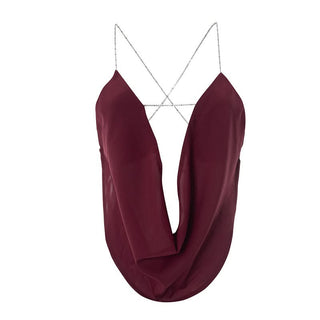 Metal chain cross back cowl neck print top