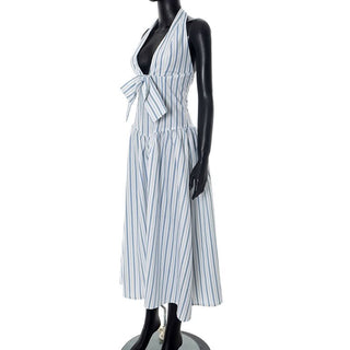 Striped bowknot zip-up halter maxi dress