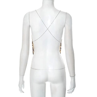 Metal chain cross back cowl neck print top