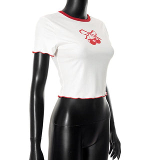 Crewneck short sleeve cherry pattern ruffle top