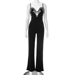 V neck print zip-up backless cami jumpsuit