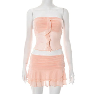 Ruffle mesh ruched tube mini skirt set