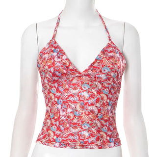 Halter self tie v neck print backless top