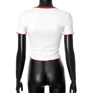 Crewneck short sleeve cherry pattern ruffle top