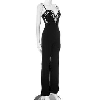 V neck print zip-up backless cami jumpsuit