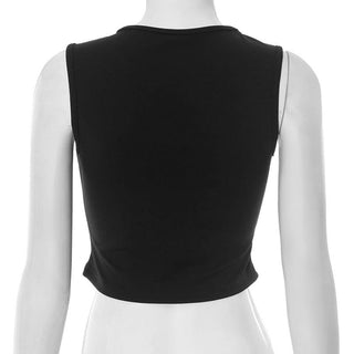 Beaded crewneck sleeveless cross lace top