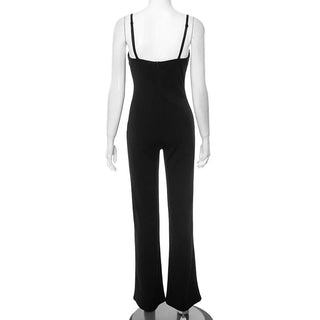 V neck print zip-up backless cami jumpsuit