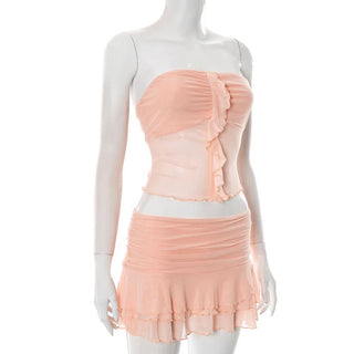 Ruffle mesh ruched tube mini skirt set