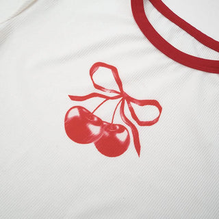 Crewneck short sleeve cherry pattern ruffle top