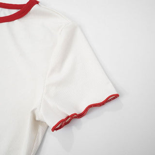 Crewneck short sleeve cherry pattern ruffle top