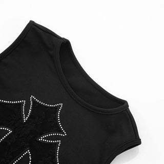 Beaded crewneck sleeveless cross lace top