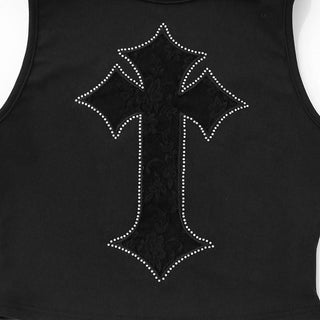 Beaded crewneck sleeveless cross lace top