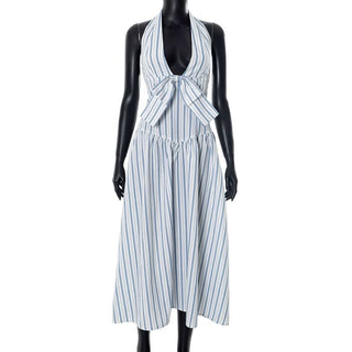Striped bowknot zip-up halter maxi dress