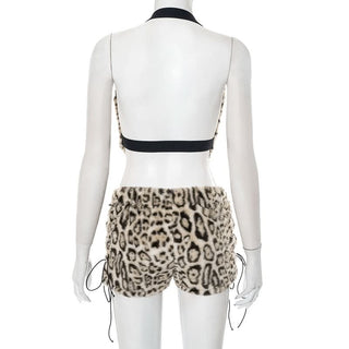 Leopard print halter fluffy lace up pant set