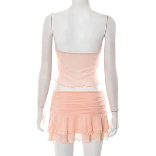 Ruffle mesh ruched tube mini skirt set