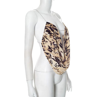 Metal chain cross back cowl neck print top