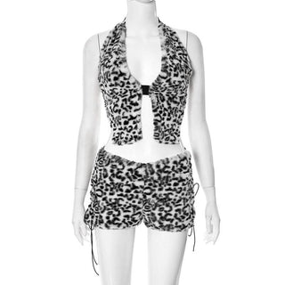 Leopard print halter fluffy lace up pant set