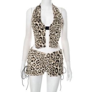 Leopard print halter fluffy lace up pant set