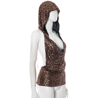 Hoodie glitter cowl neck metal chain top