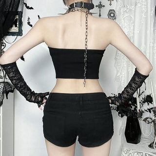 Metal chain halter u neck cross pattern top