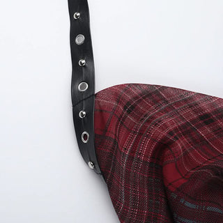 Plaid irregular halter ruffle buckle cowl neck top