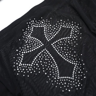 Long flared sleeve mesh off shoulder beaded top