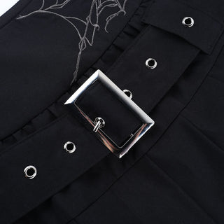 Pleated A line belt embroidery mini skirt