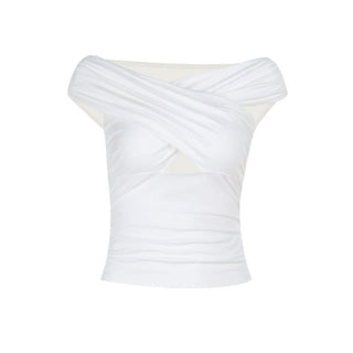Hollow out ruched off shoulder white cut out top