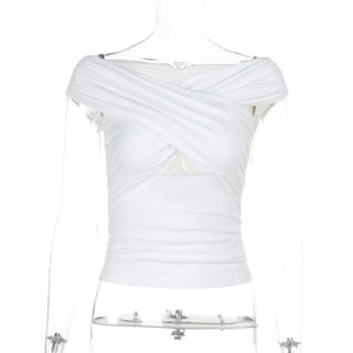 Hollow out ruched off shoulder white cut out top