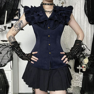 Ruffle textured v neck ruched blue top