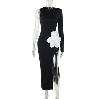 Long sleeve crewneck slit flower applique maxi dress