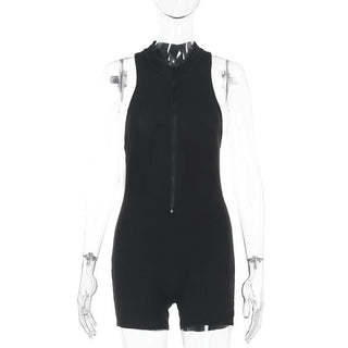 Zip-up ruched hollow out solid romper