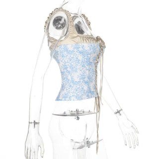 Square neck lace up ruched print tank top