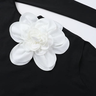 Long sleeve crewneck slit flower applique maxi dress