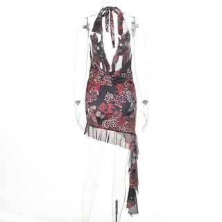 Irregular self tie halter deep v neck print mini dress