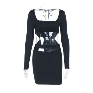 Long sleeve hollow out square neck self tie cut out mini dress