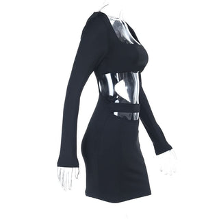 Long sleeve hollow out square neck self tie cut out mini dress